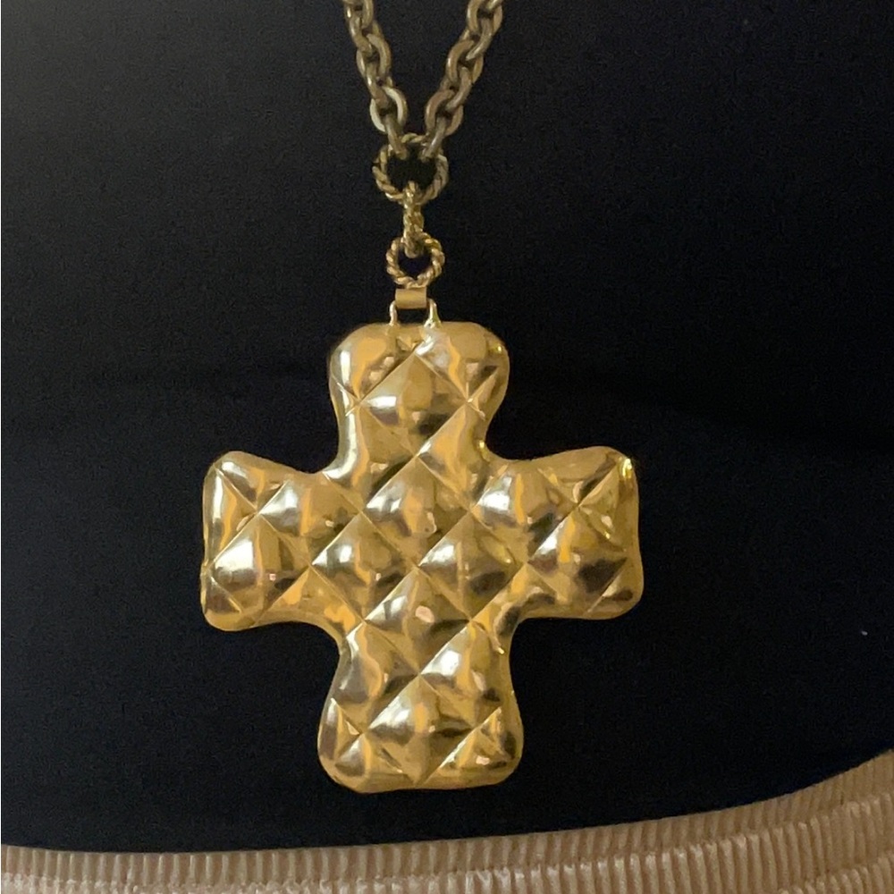 CHANEL Gold Quilted Cross Necklace